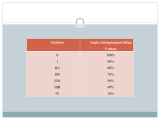 Stadium Angka kelangsungan hidup
5 tahun
0
I
IIA
IIB
IIIA
IIIB
IV
100%
98%
88%
76%
56%
49%
16%
 