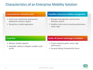 11 © 2014 CA. All rights reserved.
Characteristics of an Enterprise Mobility Solution
 Modular: flexible adoption
 Adaptable: ability to integrate, scalable, multi-
tenant
 End-to-end: architecting, development,
deployment, delivery, support
 Strong focus: mobile applications
Comprehensive enterprise suite
Cloud first
 Manages heterogeneity: environments,
deliveries, devices
 Visibility: end-to-end on security, performance,
assets, apps
 Proven enterprise grade: secure, high
performance
 Forward-looking: framework for future
Simplifies enterprise mobility management
Builds off proven technology foundation
 