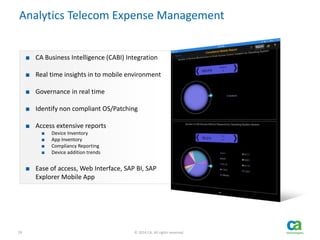 29 © 2014 CA. All rights reserved.
Analytics Telecom Expense Management
■ CA Business Intelligence (CABI) Integration
■ Real time insights in to mobile environment
■ Governance in real time
■ Identify non compliant OS/Patching
■ Access extensive reports
■ Device Inventory
■ App Inventory
■ Compliancy Reporting
■ Device addition trends
■ Ease of access, Web Interface, SAP BI, SAP
Explorer Mobile App
 