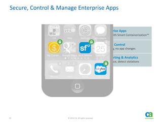 32 © 2014 CA. All rights reserved.
Detailed Reporting & Analytics
Ensure compliance, detect violations
Real-time App Control
Dynamic security, no app changes
Secure Enterprise Apps
App Wrapping with Smart Containerization™
Secure, Control & Manage Enterprise Apps
 