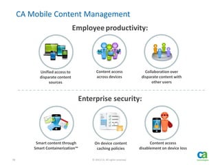 38 © 2013 CA. All rights reserved.
CA Mobile Content Management
Employee productivity:
Unified access to
disparate content
sources
Content access
across devices
Collaboration over
disparate content with
other users
Enterprise security:
Smart content through
Smart Containerization™
On device content
caching policies
Content access
disablement on device loss
 
