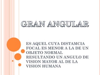 ES AQUEL CUYA DISTAMCIA
FOCAL ES MENOR A LA DE UN
OBJETO NORMAL
RESULTANDO UN ANGULO DE
VISION MAYOR AL DE LA
VISION HUMANA
 