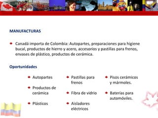 MANUFACTURASCanadá importa de Colombia: Autopartes, preparaciones para higiene bucal, productos de hierro y acero, accesorios y pastillas para frenos, envases de plástico, productos de cerámica. Oportunidades Cámara de Comercio Colombo Canadiense Colombo Canadian Chamber of Commerce Chambre de Commerce Colombo Canadienne Cámara de Comercio colom