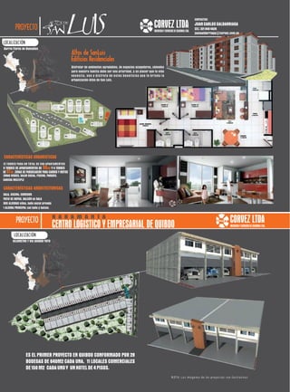 51
INGENIERIAYSERVICIOSDECOLOMBIALTDA.
CORVEZ LTDA
N OT A : L a s im á ge ne s de los pr oye c tos s on ilus tr a tiv a s
8 TORRES DE APARTAMENTOS DE Y 4 TORRES90m2
DE ZONAS DE PARQUEADERO PARA CARROS Y MOTOS67m2,
 