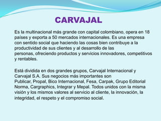 CARVAJAL
Es la multinacional más grande con capital colombiano, opera en 18
países y exporta a 50 mercados internacionales. Es una empresa
con sentido social que haciendo las cosas bien contribuye a la
productividad de sus clientes y al desarrollo de las
personas, ofreciendo productos y servicios innovadores, competitivos
y rentables.

Está dividida en dos grandes grupos, Carvajal Internacional y
Carvajal S.A. Sus negocios más importantes son
Publicar, Propal, Bico Internacional, Fesa, Carpak, Grupo Editorial
Norma, Cargraphics, Integrar y Mepal. Todos unidos con la misma
visión y los mismos valores al servicio al cliente, la innovación, la
integridad, el respeto y el compromiso social.
 