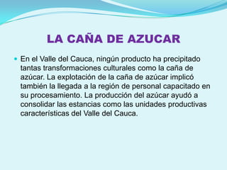 LA CAÑA DE AZUCAR
 En el Valle del Cauca, ningún producto ha precipitado
  tantas transformaciones culturales como la caña de
  azúcar. La explotación de la caña de azúcar implicó
  también la llegada a la región de personal capacitado en
  su procesamiento. La producción del azúcar ayudó a
  consolidar las estancias como las unidades productivas
  características del Valle del Cauca.
 