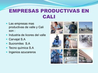 EMPRESAS PRODUCTIVAS EN
              CALI
 Las empresas mas
    productivas de valle y Cali
    son :
   Industria de licores del valle
   Carvajal S.A
   Sucromiles S.A
   Tecno química S.A
   Ingenios azucareros
 
