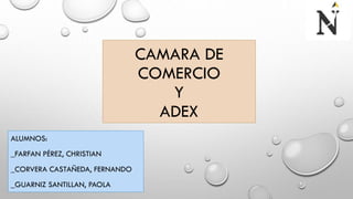 CAMARA DE
COMERCIO
Y
ADEX
ALUMNOS:
_FARFAN PÉREZ, CHRISTIAN
_CORVERA CASTAÑEDA, FERNANDO
_GUARNIZ SANTILLAN, PAOLA
 