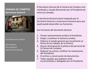 CÁMARA DE COMPTOS
Secretaría General
El Secretario General de la Cámara de Comptos será
nombrado y cesado libremente por el Presidente de
entre los Letrados.
La Secretaría General estará integrada por el
Secretario General y el personal necesario para que
aquél pueda desarrollar sus funciones.
Son funciones del Secretario General:
1. Prestar asesoramiento jurídico al Presidente.
2. Dirigir y coordinar la Asesoría Jurídica.
3. Elaborar el estado general que anualmente se
forme de los trabajos de la Cámara.
4. Ejercer directamente la jefatura del personal de
la Cámara de Comptos.
5. Redactar las cartas y notificar las resoluciones
del Presidente.
6. El archivo y conservación de documentos.
7. Todas aquellas que pudiesen serle
encomendadas o delegadas por el Presidente.
Son Órganos de la Cámara:
a)El Presidente.
b)Los Auditores.
c)La Secretaría General.
 