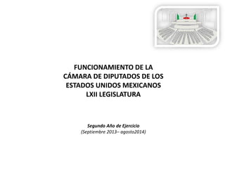 FUNCIONAMIENTO DE LA
CÁMARA DE DIPUTADOS DE LOS
ESTADOS UNIDOS MEXICANOS
LXII LEGISLATURA

Segundo Año de Ejercicio
(Septiembre 2013– agosto2014)

 