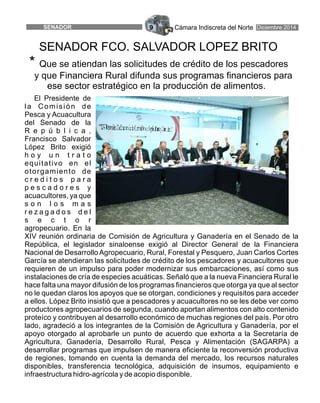 Cámara Indiscreta del Norte Diciembre 2014SENADOR 9
El Presidente de
la Comisión de
Pesca y Acuacultura
del Senado de la
R e p ú b l i c a ,
Francisco Salvador
López Brito exigió
h o y u n t r a t o
equitativo en el
otorgamiento de
c r e d i t o s p a r a
p e s c a d o r e s y
acuacultores, ya que
s o n l o s m a s
r e z a g a d o s d e l
s e c t o r
agropecuario. En la
XIV reunión ordinaria de Comisión de Agricultura y Ganadería en el Senado de la
República, el legislador sinaloense exigió al Director General de la Financiera
Nacional de Desarrollo Agropecuario, Rural, Forestal y Pesquero, Juan Carlos Cortes
García se atendieran las solicitudes de crédito de los pescadores y acuacultores que
requieren de un impulso para poder modernizar sus embarcaciones, así como sus
instalaciones de cría de especies acuáticas. Señaló que a la nueva Financiera Rural le
hace falta una mayor difusión de los programas financieros que otorga ya que al sector
no le quedan claros los apoyos que se otorgan, condiciones y requisitos para acceder
a ellos. López Brito insistió que a pescadores y acuacultores no se les debe ver como
productores agropecuarios de segunda, cuando aportan alimentos con alto contenido
proteíco y contribuyen al desarrollo económico de muchas regiones del país. Por otro
lado, agradeció a los integrantes de la Comisión de Agricultura y Ganadería, por el
apoyo otorgado al aprobarle un punto de acuerdo que exhorta a la Secretaría de
Agricultura, Ganadería, Desarrollo Rural, Pesca y Alimentación (SAGARPA) a
desarrollar programas que impulsen de manera eficiente la reconversión productiva
de regiones, tomando en cuenta la demanda del mercado, los recursos naturales
disponibles, transferencia tecnológica, adquisición de insumos, equipamiento e
infraestructura hidro-agrícola y de acopio disponible.
SENADOR FCO. SALVADOR LOPEZ BRITO
* Que se atiendan las solicitudes de crédito de los pescadores
y que Financiera Rural difunda sus programas financieros para
ese sector estratégico en la producción de alimentos.
 