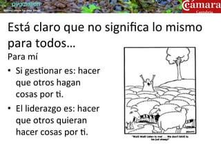 pygmalion
training people for great things




   Está	
  claro	
  que	
  no	
  signiﬁca	
  lo	
  mismo	
  
   para	
  todos…	
  
   Para	
  mí	
  
   •  Si	
  ges?onar	
  es:	
  hacer	
  
      que	
  otros	
  hagan	
  
      cosas	
  por	
  ?.	
  
   •  El	
  liderazgo	
  es:	
  hacer	
  
      que	
  otros	
  quieran	
  
      hacer	
  cosas	
  por	
  ?.	
  
 