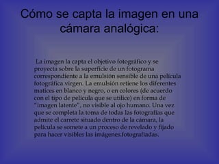 Cómo se capta la imagen en una
      cámara analógica:

   La imagen la capta el objetivo fotográfico y se
  proyecta sobre la superficie de un fotograma
  correspondiente a la emulsión sensible de una película
  fotográfica virgen. La emulsión retiene los diferentes
  matices en blanco y negro, o en colores (de acuerdo
  con el tipo de película que se utilice) en forma de
  “imagen latente”, no visible al ojo humano. Una vez
  que se completa la toma de todas las fotografías que
  admite el carrete situado dentro de la cámara, la
  película se somete a un proceso de revelado y fijado
  para hacer visibles las imágenes.fotografiadas.
 
