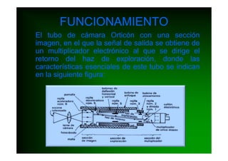 FUNCIONAMIENTO
El tubo de cámara Orticón con una sección
imagen, en el que la señal de salida se obtiene de
un multiplicador electrónico al que se dirige el
retorno del haz de exploración, donde las
características esenciales de este tubo se indican
en la siguiente figura:
 