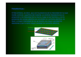 Fotoeléctricas.-

O foto-emisivo, es decir, que con la presencia de la intensidad de luz que
incide contra la superficie del material, se emitirán fotoelectrones en
proporción a la intensidad de la misma, luego al ser barridos y con la
presencia del campo eléctrico se convierten en corriente eléctrica, es
decir, a mayor intensidad de luz se tendrá una mayor cantidad de
electrones y por lo tanto mayor cantidad de corriente eléctrica.
 