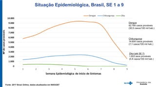 Situação Epidemiológica, Brasil, SE 1 a 9
Dengue
62.789 casos prováveis
(30,5 casos/100 mil hab.)
Fonte: 2017 Sinan Online, dados atualizados em 06/03/207
Chikungunya
14.604 casos prováveis
(7,1 casos/100 mil hab.)
Zika (até SE 7)
1.653 asos prováveis
(0,8 casos/100 mil hab.)
 