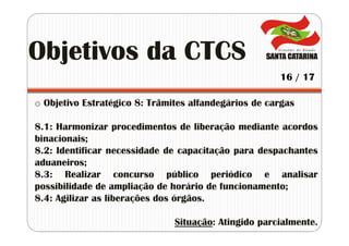 o Objetivo Estratégico 8: Trâmites alfandegários de cargas
8.1: Harmonizar procedimentos de liberação mediante acordos
binacionais;
8.2: Identificar necessidade de capacitação para despachantes
aduaneiros;
8.3: Realizar concurso público periódico e analisar
possibilidade de ampliação de horário de funcionamento;
8.4: Agilizar as liberações dos órgãos.
Situação: Atingido parcialmente.
Objetivos da CTCS
16 / 17
 
