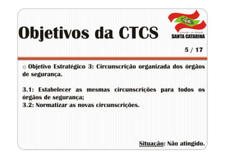 o Objetivo Estratégico 3: Circunscrição organizada dos órgãos
de segurança.
3.1: Estabelecer as mesmas circunscrições para todos os
órgãos de segurança;
3.2: Normatizar as novas circunscrições.
Situação: Não atingido.
Objetivos da CTCS
5 / 17
 