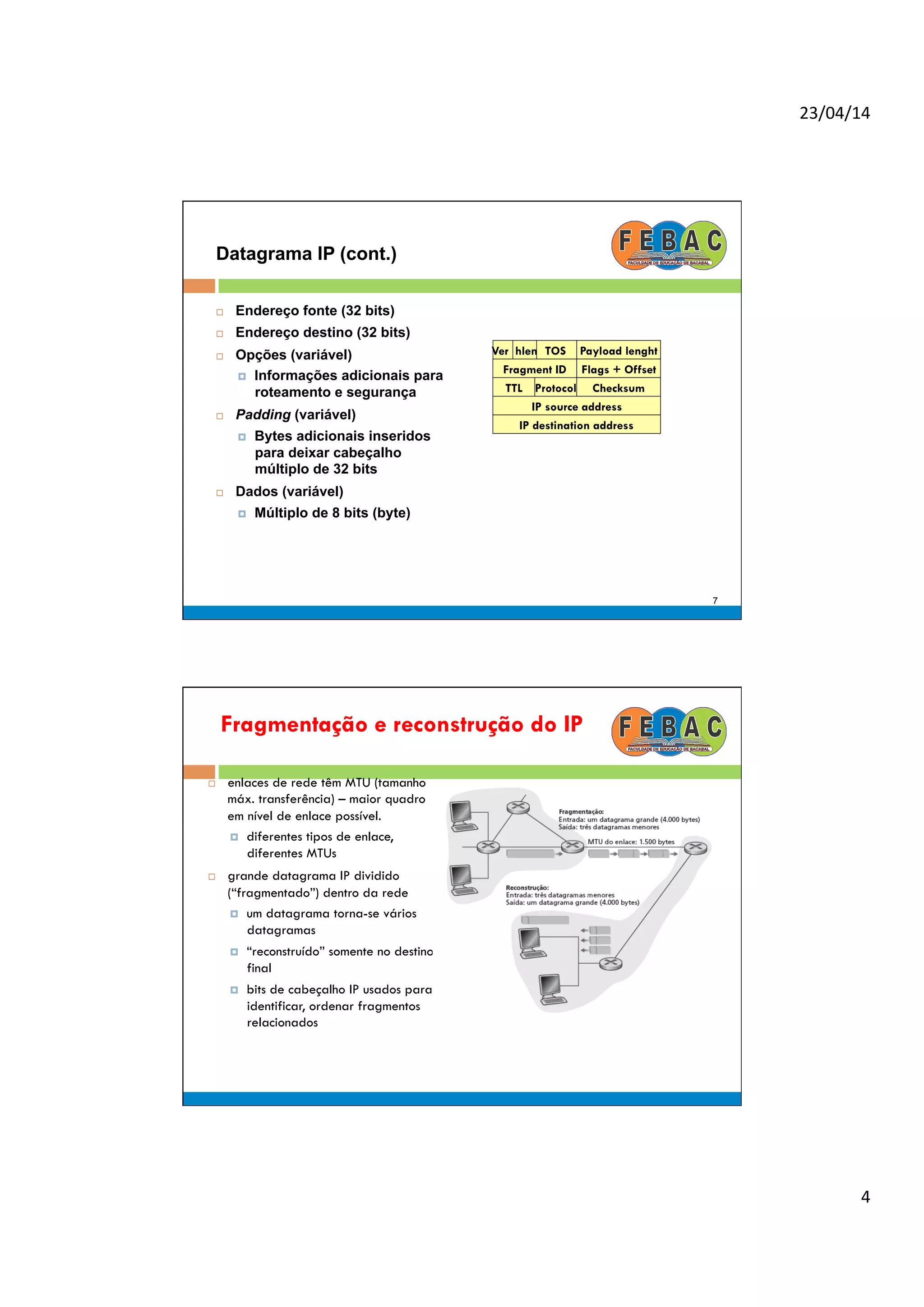 23/04/14	
  
4	
  
Datagrama IP (cont.)
¨  Endereço fonte (32 bits)
¨  Endereço destino (32 bits)
¨  Opções (variável)
¤  Informações adicionais para
roteamento e segurança
¨  Padding (variável)
¤  Bytes adicionais inseridos
para deixar cabeçalho
múltiplo de 32 bits
¨  Dados (variável)
¤  Múltiplo de 8 bits (byte)
Payload lenghtTOS
Flags + Offset
TTL Protocol Checksum
IP source address
IP destination address
Ver hlen
Fragment ID
7
Fragmentação e reconstrução do IP
¨  enlaces de rede têm MTU (tamanho
máx. transferência) – maior quadro
em nível de enlace possível.
¤  diferentes tipos de enlace,
diferentes MTUs
¨  grande datagrama IP dividido
(“fragmentado”) dentro da rede
¤  um datagrama torna-se vários
datagramas
¤  “reconstruído” somente no destino
final
¤  bits de cabeçalho IP usados para
identificar, ordenar fragmentos
relacionados
 