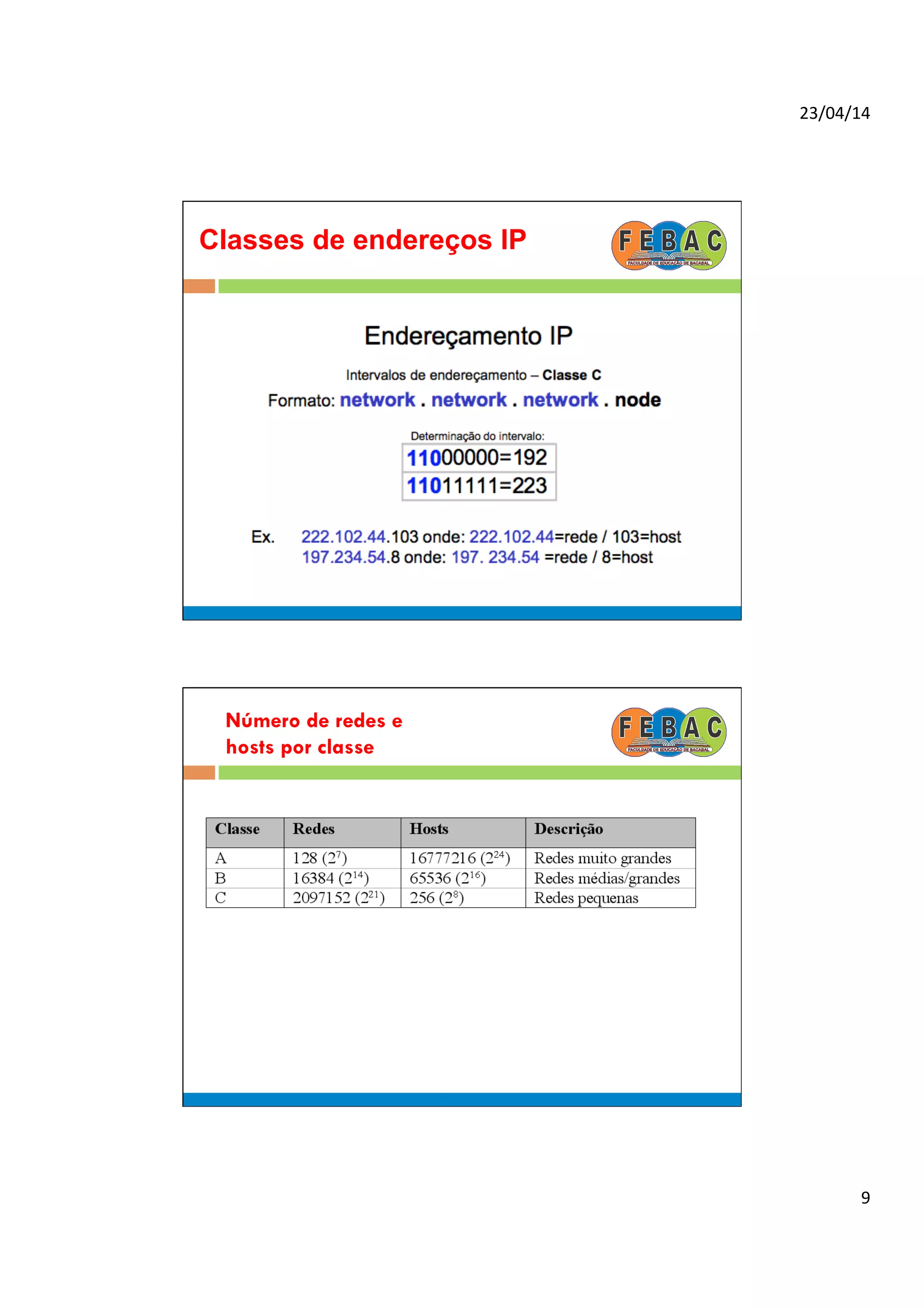 23/04/14	
  
9	
  
Classes de endereços IP
Número de redes e
hosts por classe
 