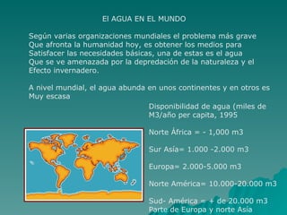 El AGUA EN EL MUNDO Según varias organizaciones mundiales el problema más grave Que afronta la humanidad hoy, es obtener los medios para Satisfacer las necesidades básicas, una de estas es el agua Que se ve amenazada por la depredación de la naturaleza y el  Efecto invernadero.  A nivel mundial, el agua abunda en unos continentes y en otros es Muy escasa Disponibilidad de agua (miles de M3/año per capita, 1995 Norte África = - 1,000 m3 Sur Asía= 1.000 -2.000 m3  Europa= 2.000-5.000 m3 Norte América= 10.000-20.000 m3 Sud- América = + de 20.000 m3 Parte de Europa y norte Asía  