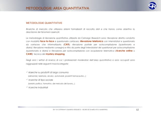 METODOLOGIE: AREA QUANTITATIVA



METODOLOGIE QUANTITATIVE

Ricerche di mercato che utilizzano sistemi formalizzati di raccolta dati e che hanno come obiettivo la
descrizione dei fenomeni osservati.


Le metodologie di rilevazione quantitative utilizzate da Camargo Research sono: rilevazione diretta condotta
con modalità face-to-face e questionario cartaceo; rilevazione telefonica con intervistatori e questionario
sia   cartaceo che informatizzato            (CATI);    rilevazione postale       per autocompilazione (questionario   e
diario); rilevazione mediante consegna e ritiro da parte degli intervistatori dei questionari per autocompilazione
(questionario e diario) e rilevazione per autocompilazione con acquisizione telematica ( ricerche online o
CAWI); tecnica del mystery shopping.

Negli anni i settori di ricerca di cui i professionisti moderatori dell’area quantitativa si sono occupati sono
raggruppali nelle seguenti macrocategorie:



 ricerche su prodotti di largo consumo
  (alimentari, telefonia, alcolici, automobili, prodotti farmaceutici,..)

 ricerche di tipo sociale
  (ambito politico, formativo, del mercato del lavoro,..)

 ricerche industriali




                                2011 © COPYRIGHT CAMARGO RESEARCH – RICERCHE DI MERCATO E MARKETING                        12
 