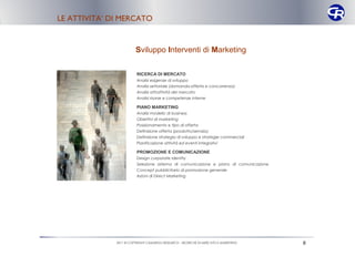LE ATTIVITA’ DI MERCATO


                        Sviluppo Interventi di Marketing

                         RICERCA DI MERCATO
                         Analisi esigenze di sviluppo
                         Analisi settoriale (domanda-offerta e concorrenza)
                         Analisi attrattività del mercato
                         Analisi risorse e competenze interne

                         PIANO MARKETING
                         Analisi modello di business
                         Obiettivi di marketing
                         Posizionamento e tipo di offerta
                         Definizione offerta (prodotto/servizio)
                         Definizione strategia di sviluppo e strategie commerciali
                         Pianificazione attività ed eventi integrativi

                         PROMOZIONE E COMUNICAZIONE
                         Design corporate identity
                         Selezione sistema di comunicazione e piano di comunicazione
                         Concept pubblicitario di promozione generale
                         Azioni di Direct Marketing




              2011 © COPYRIGHT CAMARGO RESEARCH – RICERCHE DI MERCATO E MARKETING      8
 
