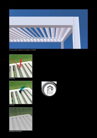 In open positie: regelbare zonwering en ventilatie

Verleng je zomer!
Ongeacht het weer, brengen we graag zoveel mogelijk tijd buiten door.  De
tuin staat niet meer los van het huis, beide vormen één geheel. Hierdoor
verlangen we ook buiten naar meer sfeer, comfort en optimaal leefplezier.
Buiten zijn, wordt buiten leven!

Zonwering

Daarom heeft RENSON ® het Healthy Outdoor Concept ® ontwikkeld.

•	 Een toevoer van frisse lucht en 	
	 een bescherming tegen regen en wind 	
	 brengen een fysisch comfort

H E A LT H Y ®
O UTDOOR
CONCEPT

Ventilatie

•	 De bescherming tegen zon en wind 	
	 vermijdt oververhitting en afkoeling, 	
	 garant voor thermisch comfort
•	 De voor- en zijkanten kunnen afgesloten 	
	 worden door middel van beweegbare 	
	 lichtdoorlatende elementen en bieden 	
	 zo comfort door visueel contact met de
	 omgeving.

Dankzij een jarenlange ervaring in doekzonwering en ventilatie tilt RENSON ®
de buitenruimte naar een hoger niveau. Door een juiste toepassing van technieken en innovatieve producten kan men nu ook in de tussenseizoenen van
de tuin genieten.

Waterdicht lamellendak

 