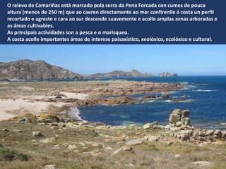 O relevo de Camariñas está marcado pola serra da Pena Forcada con cumes de pouca
altura (menos de 250 m) que ao caeren directamente ao mar confírenlle á costa un perfil
recortado e agreste e cara ao sur descende suavemente e acolle amplas zonas arboradas e
as áreas cultivables.
As principais actividades son a pesca e o marisqueo.
A costa acolle importantes áreas de interese paisaxístico, xeolóxico, ecolóxico e cultural.
 