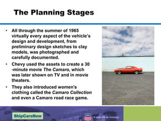 The Planning Stages All through the summer of 1965 virtually every aspect of the vehicle’s design and development, from preliminary design sketches to clay models, was photographed and carefully documented. Chevy used the assets to create a 30 -minute movie The Camaro, which was later shown on TV and in movie theaters.They also introduced women's clothing called the Camaro Collection and even a Camaro road race game.