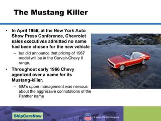 The Mustang KillerIn April 1966, at the New York Auto Show Press Conference, Chevrolet sales executives admitted no name had been chosen for the new vehiclebut did announce that pricing of 1967 model will be in the Corvair-Chevy II range.Throughout early 1966 Chevy agonized over a name for its Mustang-killer.GM's upper management was nervous about the aggressive connotations of the Panther name 