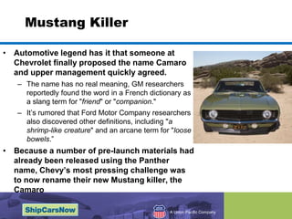 Mustang KillerAutomotive legend has it that someone at Chevrolet finally proposed the name Camaro and upper management quickly agreed. The name has no real meaning, GM researchers reportedly found the word in a French dictionary as a slang term for "friend" or "companion." It’s rumored that Ford Motor Company researchers also discovered other definitions, including "a shrimp-like creature" and an arcane term for "loose bowels.” Because a number of pre-launch materials had already been released using the Panther name, Chevy’s most pressing challenge was to now rename their new Mustang killer, the Camaro