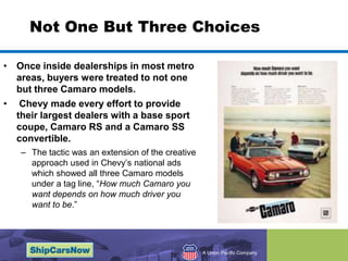 Not One But Three Choices Once inside dealerships in most metro areas, buyers were treated to not one but three Camaro models. Chevy made every effort to provide their largest dealers with a base sport coupe, Camaro RS and a Camaro SS convertible. The tactic was an extension of the creative approach used in Chevy’s national ads which showed all three Camaro models under a tag line, “How much Camaro you want depends on how much driver you want to be.”