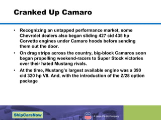 Cranked Up CamaroRecognizing an untapped performance market, some Chevrolet dealers also began sliding 427 cid 435 hp Corvette engines under Camaro hoods before sending them out the door. On drag strips across the country, big-block Camaros soon began propelling weekend-racers to Super Stock victories over their hated Mustang rivals.At the time, Mustangs largest available engine was a 390 cid 320 hp V8. And, with the introduction of the Z/28 option package