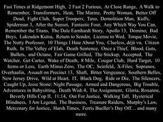 Fast Times at Ridgemont High, 2 Fast 2 Furious, At Close Range, A Walk to
Remember, Transformers, Heat, The Marine, Pretty Woman, Better Off
Dead, Fight Club, Super Troopers, Taxo, Demolition Man, Kuffs,
Spiderman 3, After the Sunset, Fantastic Four, Any Which Way You Can,
Remember the Titans, The Dale Earnhardt Story, Apollo 13, Domino, Bad
Boys, Lakeuden Kutsu, Return to Sender, License to Wed, Torque Movie,
The Nutty Professor, 10 Things I Hate About You, Clueless, déjà vu, Citizen
Ruth, In The Valley of Elah, Death Sentence, Once a Thief, Blood, Guts,
Bullets, and Octane, Fair Game Grilled, The Stickup, Accepted, The
Watcher, Get Carter, Wake of Death, 8 Mile, Cougar Club, Hard Target, 10
Items or Less, Earth Minus Zero, The OC, Seinfeld, X-Files, Sopranos,
Overhaulin, Assault on Precinct 13, Shaft, Bitter Vengeance, Southern Belles,
New Jersey Drive, Wild at Heart, IT, Black Dog, Ride or Die, The Silencers,
Caught Up, Jesse Stone: Night Passage, Armed and Dangerous, Big Trouble,
Adventures in Babysitting, Death Wish 4, The Assignment, Gloria, Roxanne,
Beverly Hills Cop II, 11:14, Out For Justice, Walking Tall, Hysterical
Blindness, I Am Legend, The Business, Treasure Raiders, Murphy’s Law,
Mercenary for Justice, Harsh Times, Ferris Bueller’s Day Off… and many
more.
 