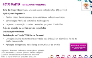 COTAS MASTER – ENTREGA EVENTO RESUMIDA
Cota de 35 convites em cada uma das quatro noites (total de 140 convites)
Aplicação de logomarca:
•

frente e costas das camisas que serão usadas por todos os convidados

•

comunicação interna do camarote e meeting point

•

peças de comunicação: convites, credenciais, programa dos desfiles

Ação de ativação ou serviço para os convidados

Distribuição de brindes
Participação no Prêmio VEJA Rio de Carnaval:
•

Um representante do cliente será convidado para entregar um dos troféus no dia do
desfile das campeãs

•

Aplicação de logomarca no backdrop e comunicação do prêmio

Logomarca do master será maior em relação ao apoiador
Cotas master exclui cotas de apoio na mesma categoria
Custos de ativação são responsabilidade do cliente
Todas as ações devem ser aprovadas pela Abril

Prioridade de renovação
para patrocinadores de
2013 até 10/12

 