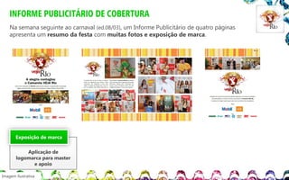 INFORME PUBLICITÁRIO DE COBERTURA
Na semana seguinte ao carnaval (ed.08/03), um Informe Publicitário de quatro páginas
apresenta um resumo da festa com muitas fotos e exposição de marca.

Exposição de marca
Aplicação de
logomarca para master
e apoio
Imagem ilustrativa

 
