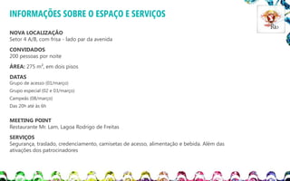 INFORMAÇÕES SOBRE O ESPAÇO E SERVIÇOS
NOVA LOCALIZAÇÃO
Setor 4 A/B, com frisa - lado par da avenida
CONVIDADOS
200 pessoas por noite
ÁREA: 275 m², em dois pisos
DATAS

Grupo de acesso (01/março)
Grupo especial (02 e 03/março)
Campeãs (08/março)
Das 20h até às 6h

MEETING POINT
Restaurante Mr. Lam, Lagoa Rodrigo de Freitas
SERVIÇOS
Segurança, traslado, credenciamento, camisetas de acesso, alimentação e bebida. Além das
ativações dos patrocinadores

 