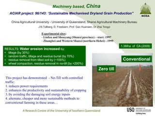 Machinery based, China
   ACIAR project: 96/143: “Sustainable Mechanised Dryland Grain Production”

    China Agricultural University - University of Queensland, Shanxi Agricultural Machinery Bureau
                        J.N.Tullberg, D. Freebairn, Prof. Gao Huanwen, Dr Zhai Tongyi

                          Experimental sites:
                          - Linfen and Shouyang (Shanxi province) – start: 1997
                          - Zhangbei and Western Shanxi (northern Hebei) - 1999
                                                                                        1.3Mha of CA (2009)
RESULTS: Water erosion increased by:
• tillage (by 30%)
• random traffic, tillage and residue burial (by 70%)
• residue removal from tilled soil by (~105%)                                            Conventional
• wheel compaction, residue removal in no-till (by >200%)
                                                                           Zero till

This project has demonstrated - No-Till with controlled
traffic:
1. reduces power requirements
2. enhances the productivity and sustainability of cropping
3. by avoiding the damaging soil energy inputs
4. alternate, cheaper and more sustainable methods to
conventional farming in these areas…
 
