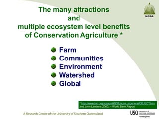 The many attractions
              and
multiple ecosystem level benefits
 of Conservation Agriculture *

            Farm
            Communities
            Environment
            Watershed
            Global

                  * http://www.fao.org/ag/ags/AGSE/agse_e/general/OBJECT.htm
                  and John Landers (2000) – World Bank Report
 