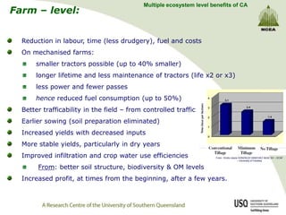 Multiple ecosystem level benefits of CA
Farm – level:


  Reduction in labour, time (less drudgery), fuel and costs
  On mechanised farms:
      smaller tractors possible (up to 40% smaller)
      longer lifetime and less maintenance of tractors (life x2 or x3)
      less power and fewer passes
      hence reduced fuel consumption (up to 50%)
  Better trafficability in the field – from controlled traffic
  Earlier sowing (soil preparation eliminated)
  Increased yields with decreased inputs
  More stable yields, particularly in dry years
  Improved infiltration and crop water use efficiencies                From - Emilio-Jesús GONZÁLEZ-SÁNCHEZ AEAC.SV – ECAF
                                                                                          – University of Córdoba


       From: better soil structure, biodiversity & OM levels
  Increased profit, at times from the beginning, after a few years.
 