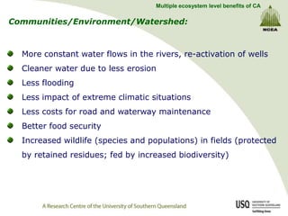 Multiple ecosystem level benefits of CA

Communities/Environment/Watershed:



  More constant water flows in the rivers, re-activation of wells
  Cleaner water due to less erosion
  Less flooding
  Less impact of extreme climatic situations
  Less costs for road and waterway maintenance
  Better food security
  Increased wildlife (species and populations) in fields (protected
  by retained residues; fed by increased biodiversity)
 