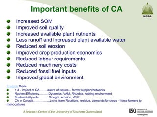 Important benefits of CA
      Increased SOM
      Improved soil quality
      Increased available plant nutrients
      Less runoff and increased plant available water
      Reduced soil erosion
      Improved crop production economics
      Reduced labour requirements
      Reduced machinery costs
      Reduced fossil fuel inputs
      Improved global environment
Fredrick Movie
      + & - impact of CA……..aware of issues – farmer support/networks
      Nutrient Efficiency………Dynamics, VAM, Rhizobia, rooting environment
      Sustainability role……….Drought, erosion, WUE
      CA in Canada…………….Lot to learn Rotations, residue, demands for crops – force farmers to
monocultures
 