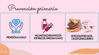 PRO
MO
C
IÓ
NALASALU
D
VAC
U
N
AC
IÓ
NC
O
N
T
RAIN
FEC
C
IÓ
N
PO
RVIRU
SD
ELPAPILO
MAH
U
MAN
O
D
ET
EC
C
IÓ
NO
PO
RT
U
N
AD
EL
C
ÁN
C
ERC
ÉRVIC
OU
T
ERIN
O
Prevención primaria
 