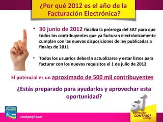 ¿Por qué 2012 es el año de la
             Facturación Electrónica?

        • 30 junio de 2012 finaliza la prórroga del SAT para que
           todos los contribuyentes que ya facturan electrónicamente
           cumplan con las nuevas disposiciones de ley publicadas a
           finales de 2011

        • Todos los usuarios deberán actualizarse y estar listos para
          facturar con los nuevos requisitos el 1 de julio de 2012

El potencial es un aproximado de 500 mil contribuyentes

  ¿Estás preparado para ayudarlos y aprovechar esta
                    oportunidad?
 