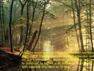 Algunas veces te pasan cosas que parecen horribles, dolorosas e  injustas, pero en realidad entiendes que sin que superes estas cosas nunca hubieras realizado tu  potencial, tu  fuerza, o  el  poder  de  tu  corazón. todo pasa por una razón en la vida. 