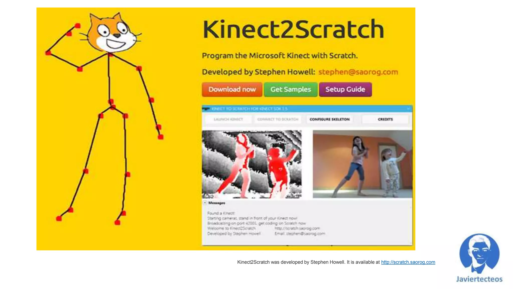 Kinect2Scratch was developed by Stephen Howell. It is available at http://scratch.saorog.com
 