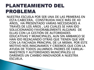 NUESTRA ESCUELA POR SER UNA DE LAS PRIMERAS EN
 ESTA CABECERA, CONSTRUIDA HACE MÁS DE 40
 AÑOS, HA PRESENTADO VARIAS NECESIDADES A
 TRAVÉS DE LOS AÑOS , LAS CUALES SE HAN IDO
 SOLUCIONANDO FAVORABLEMENTE ALGUNAS DE
 ELLAS CON LA GESTIÓN DE AUTORIDADES
 EDUCATIVAS Y MUNICIPALES, AUN SIN AMBARGO SE
 HAN IDO REZAGANDO OTRAS QUE TIENEN QUE VER
 CON LA FACHADA PRINCIPAL DE LA MISMA. POR ESTE
 MOTIVO NOS IMAGINAMOS Y CREEMOS QUE CON LA
 AYUDA DE TODOS (ALUMNOS-PADRES DE FAMILIA-
 MAESTROS Y AUTORIDADES MUNICIPALES) LE
 DAREMOS UN CAMBIO INNOVADOR A NUESTRA
 ESCUELA.
 