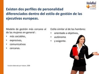 Existen dos perfiles de personalidad
diferenciados dentro del estilo de gestión de las
ejecutivas europeas.

Modelo de gestión más cercano al      Estilo similar al de los hombres:
de las mujeres en general :           • orientado a objetivos,
• más sociables,                      • autónomo
• expresivas,                         • y exigente.
• comunicativas
• cercanas.




 Estudio elaborado por Hudson, 2008
 