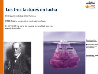 Los tres factores en lucha
El ID: la parte instintiva del ser humano.

El EGO: la parte consciente de nuestra personalidad.

El SUPEREGO: la parte de nuestra personalidad que nos
gustaría desarrollar.
 